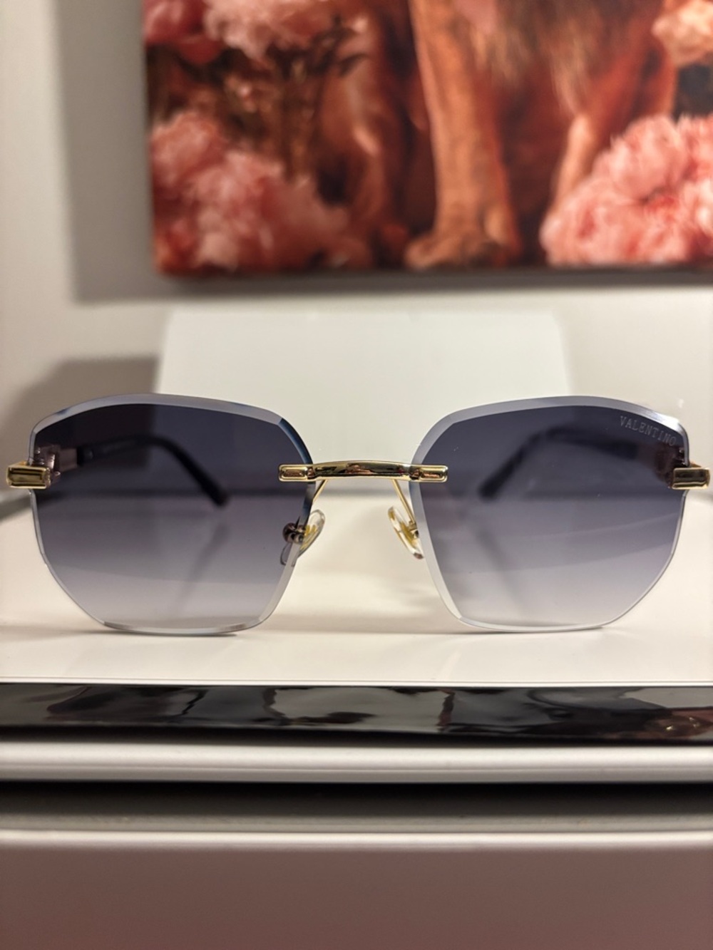 Inspired Valentino Rimless Sunglasses - Gradient Blue Lenses with Gold Accents